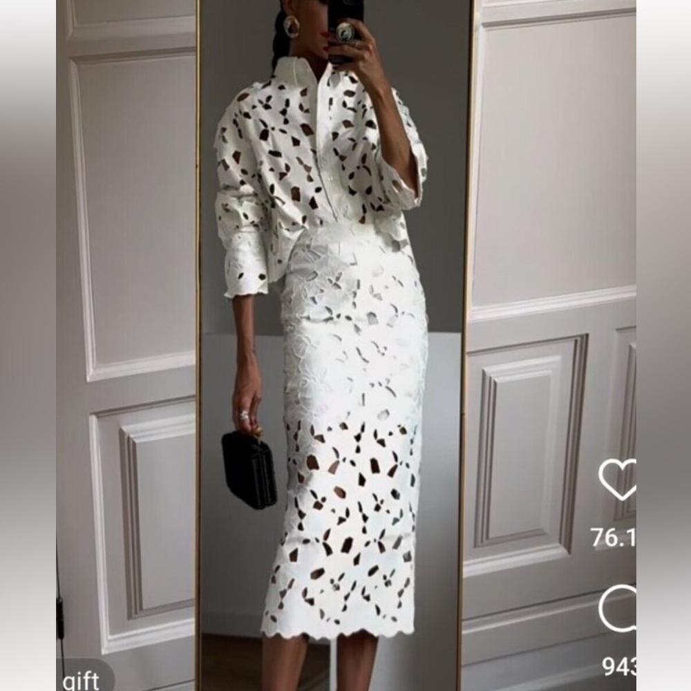 H&M White Laser-Cut Midi Pencil Skirt size Small